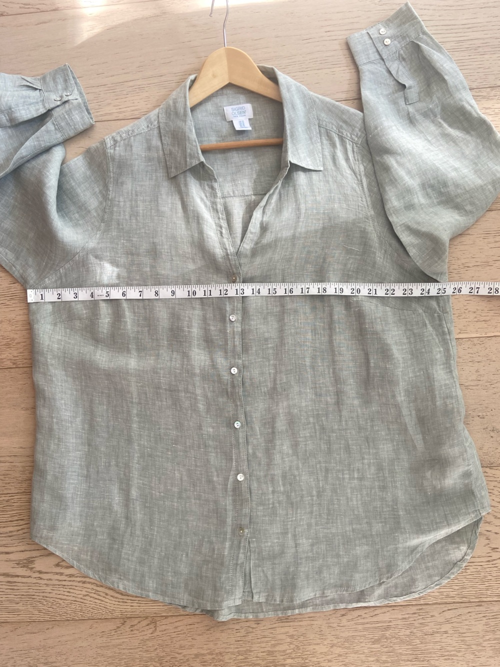 SIGRID OLSEN 100% Linen Shirt 1X Sage Green Button Roll Tab Sleeve Blouse - Picture 6 of 7